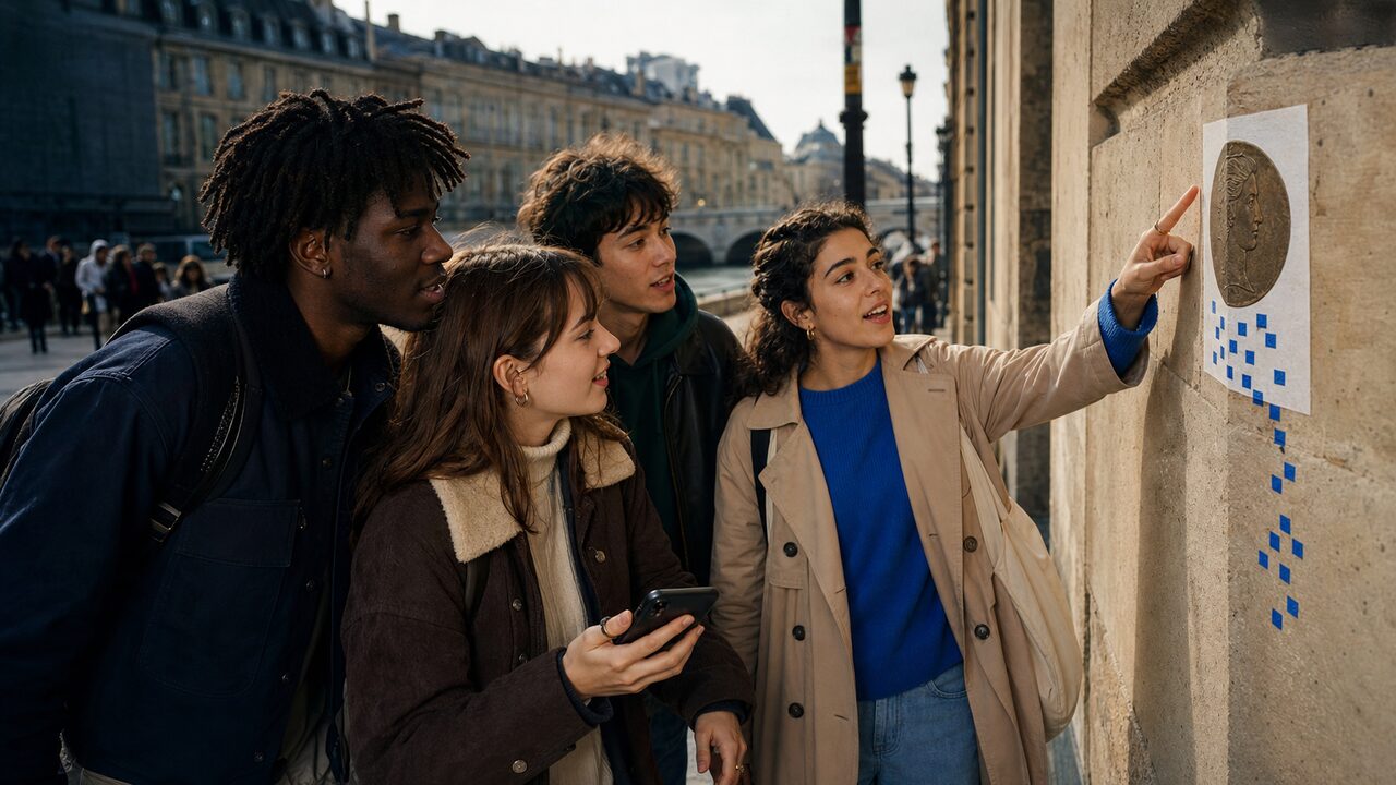 Four young participants discovering an illustrative coin clue together in Paris